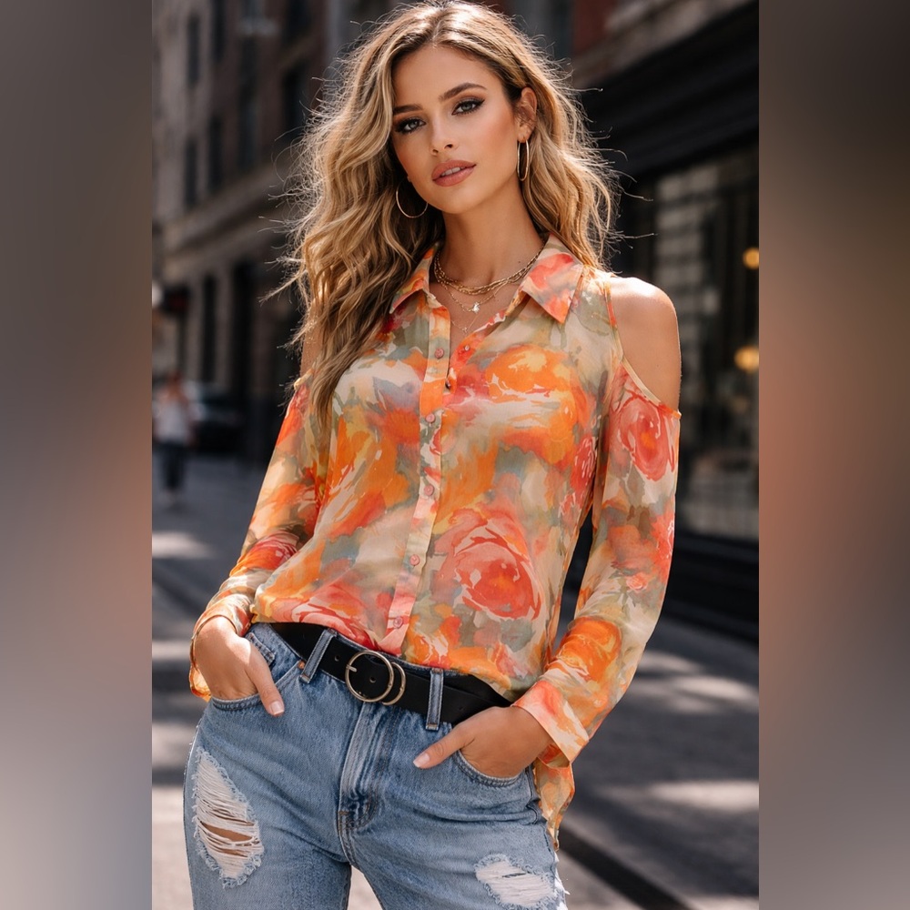 Floral cold shoulder chiffon blouse
